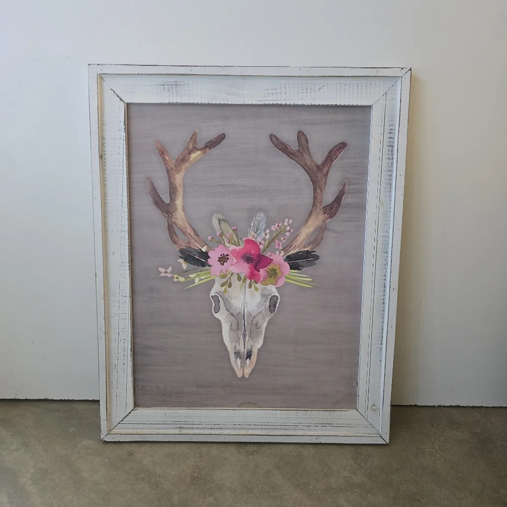 Home decor wall art Shabby Chic Bull skull with flowers distressed 20